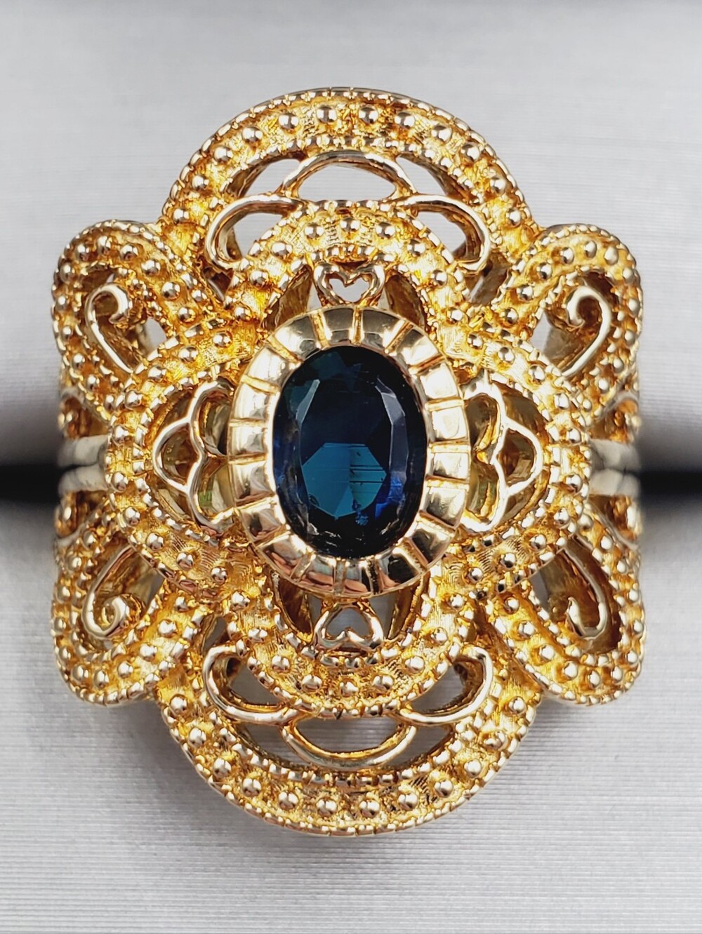 Filigree Oval Blue Sapphire Simulant Statement Ring - Yellow Gold - 925 Silver